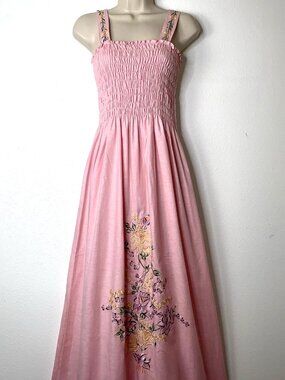 Jac Bol Mexico EMBROIDERED FLORAL Pink Maxi SLIP DRESS Fairy Cottagecore S to M